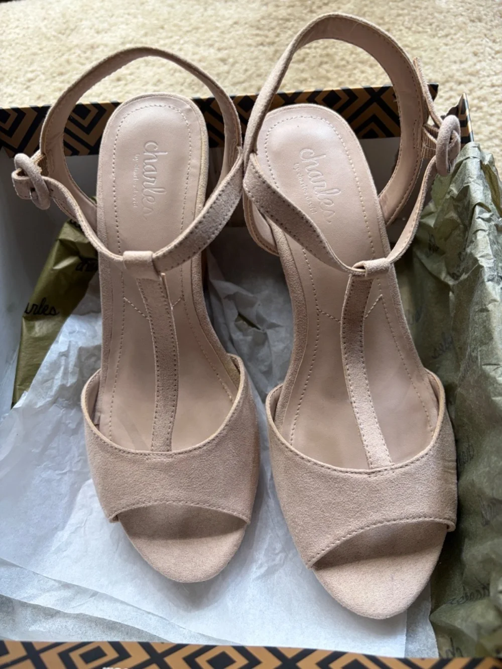 Charles by Charles David Latin Cork Wedge T-Strap Sandal in Nude Suede - With Bo
